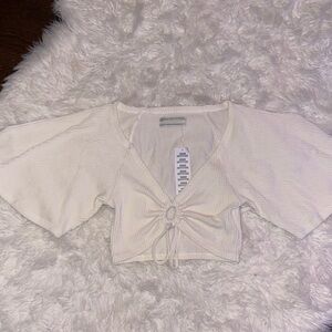 Urban Outfitters Cream Cropped Tie-Front Top